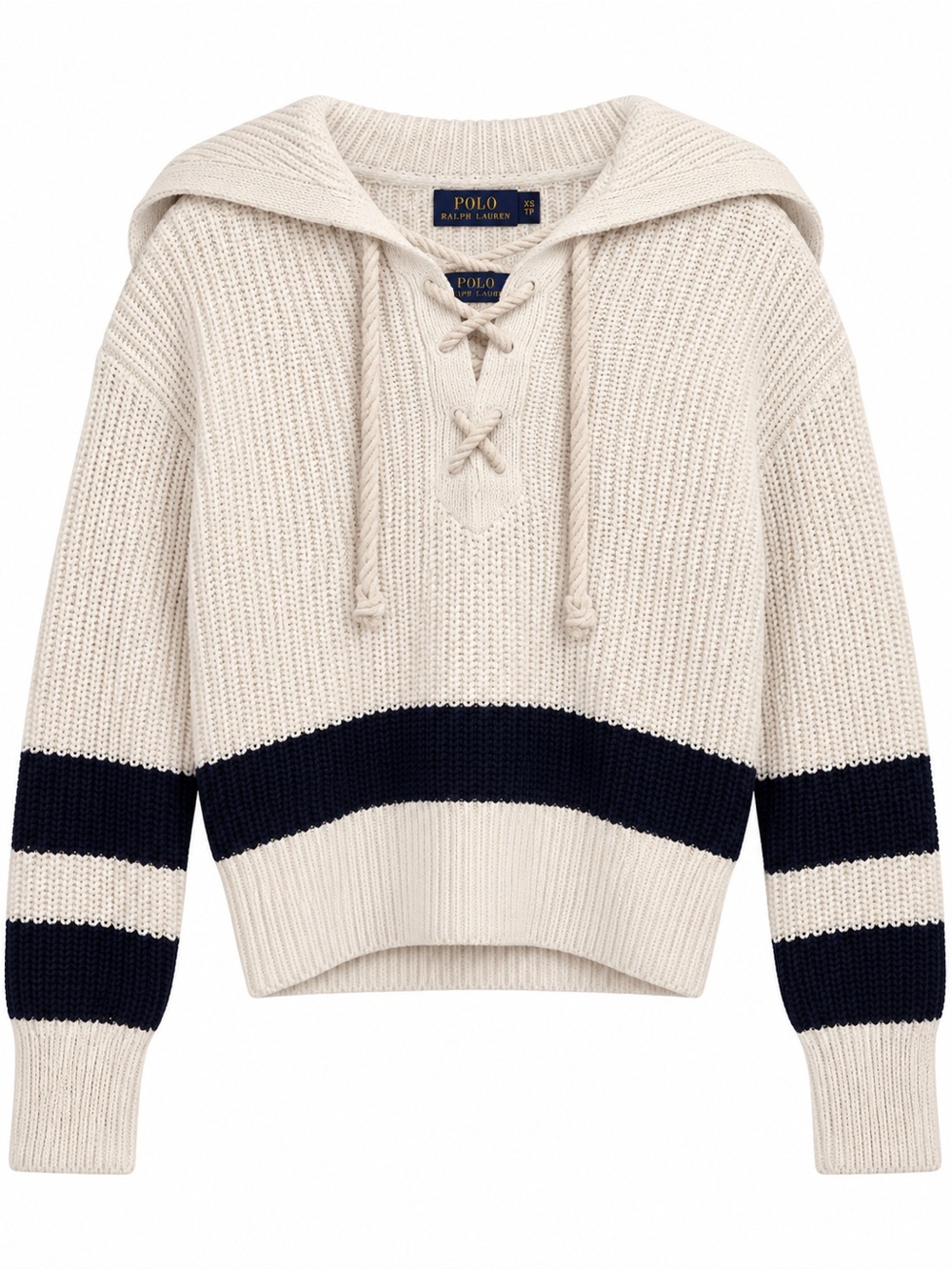 Polo by Ralph Lauren Cream & Navy Hooded Lace-Up Knit Sweater